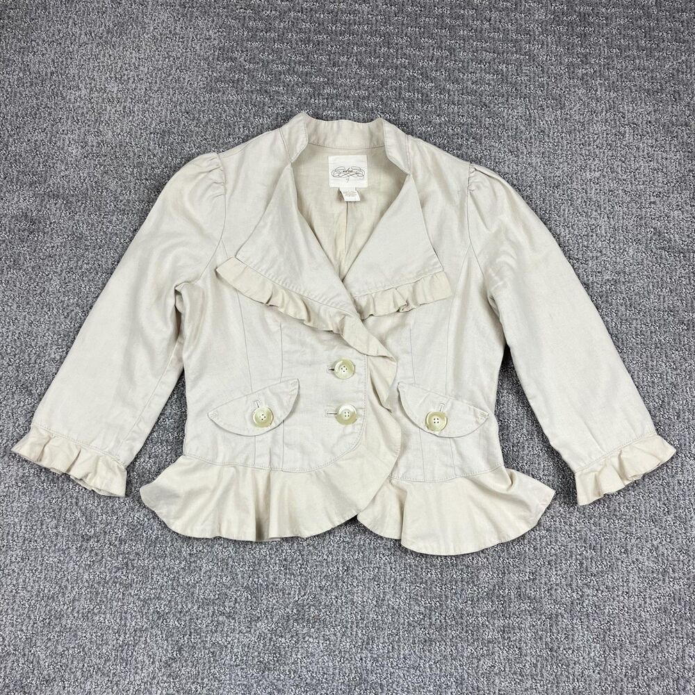 Idra Jacket Womens 6 Beige Linen Ruffle Peplum Blazer 3 Button Romantic Fitted